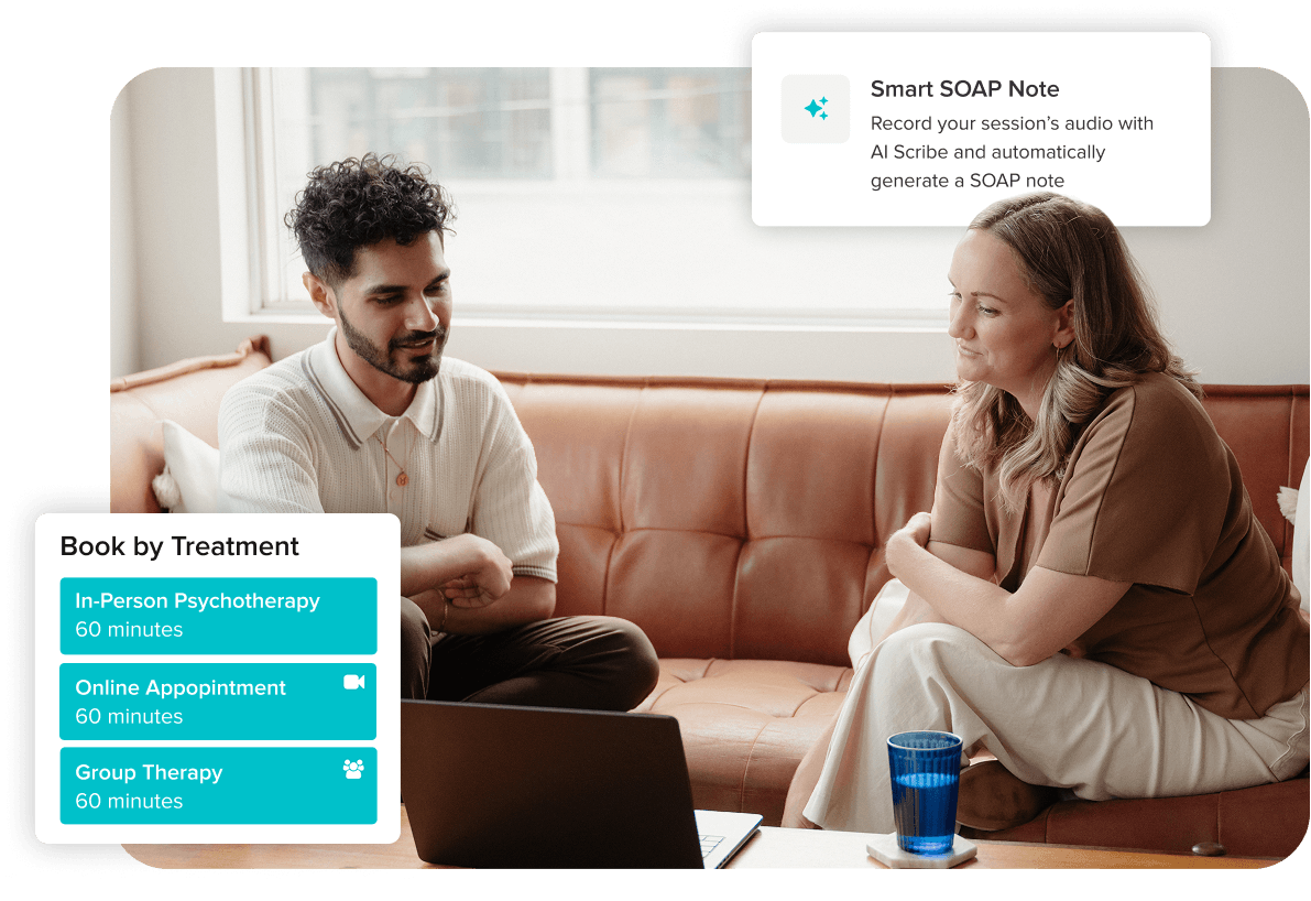 Therapist and client in a psychotherapy session with Jane’s online booking and Smart SOAP Note features displayed.
