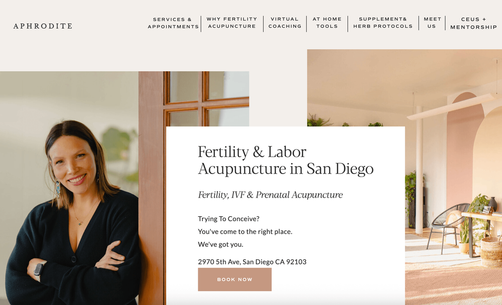 Aphrodite Fertility Acupuncture website home page, warm friendly, website that creates client engagement