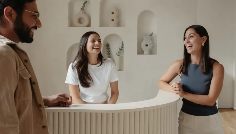 picture of clinic front desk staff role-playing and practicing how to handle difficult client interactions