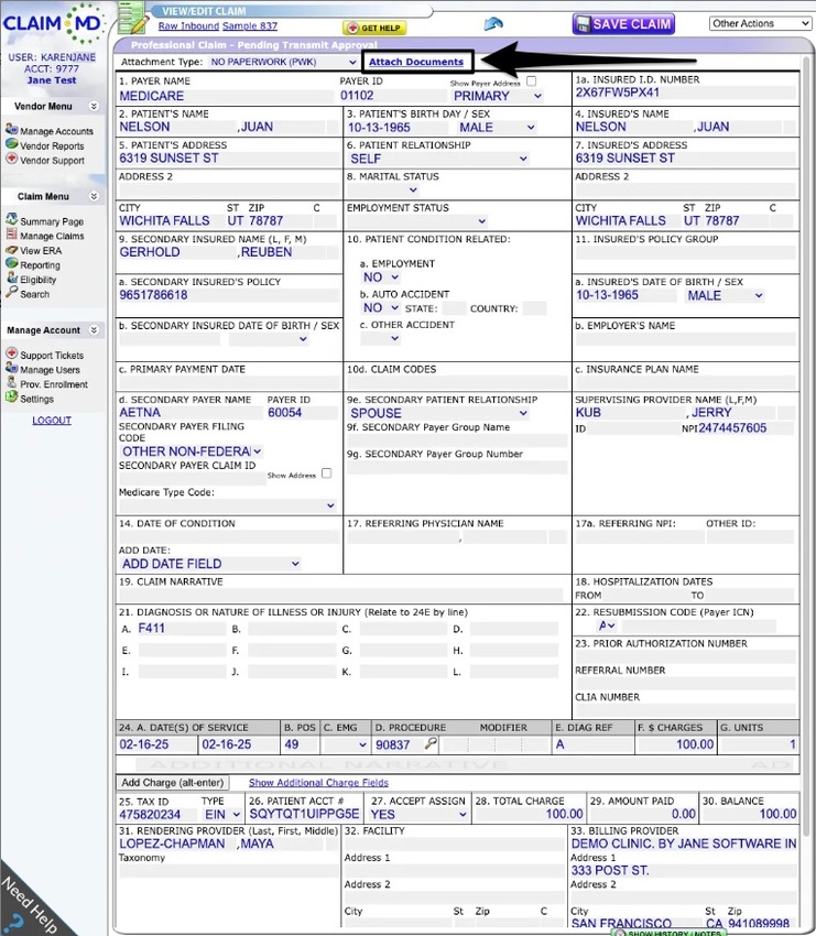 a screenshot of where to find the attach documents text within Claim.MD