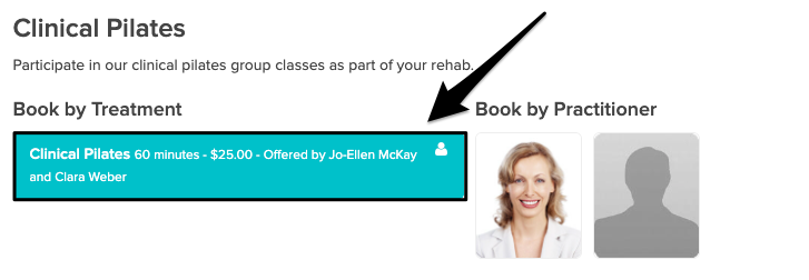 An image of how the class appears on the online booking site and where to click