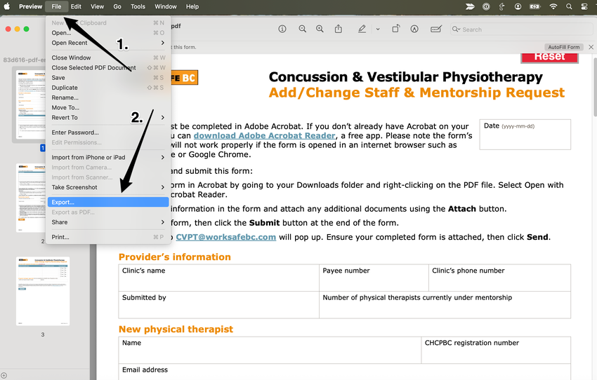 An image of the navigational steps to export the file in Preview on a Mac device