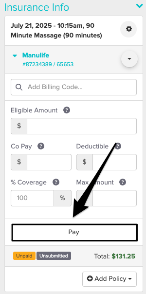 An image of where to view and click on the pay button within the insurance info section of the appointment panel
