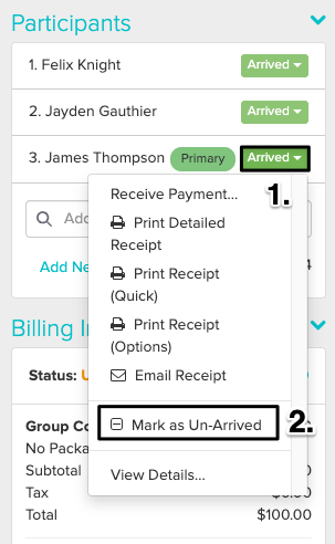 An image of the navigatinal steps and where to click within the appointment panel to unarrive the appointment