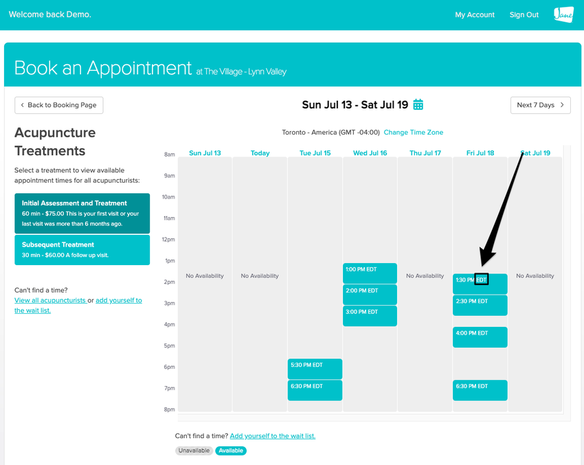 An image of where a patient would see the clinic's timezone when looking for an appointment