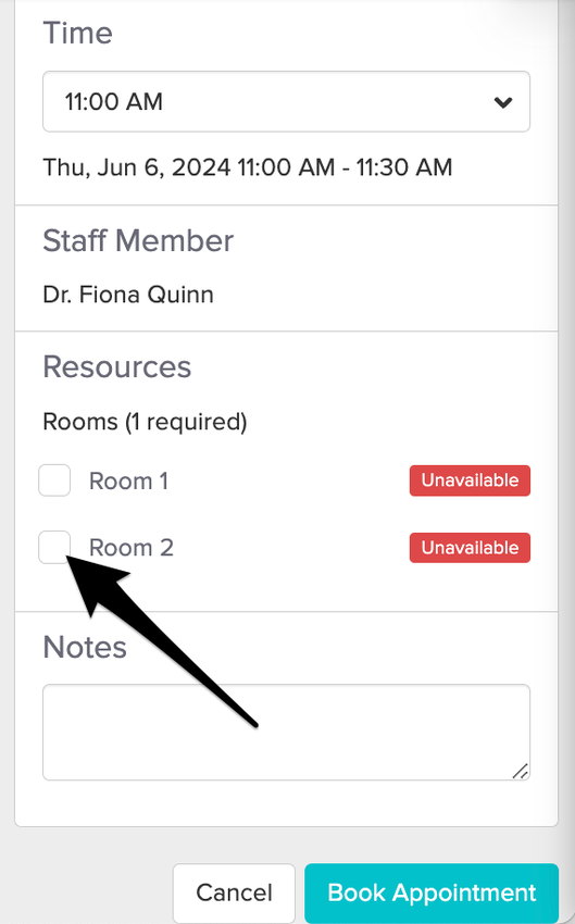 s screenshot of the appointment panel showing the option to uncheck a resource