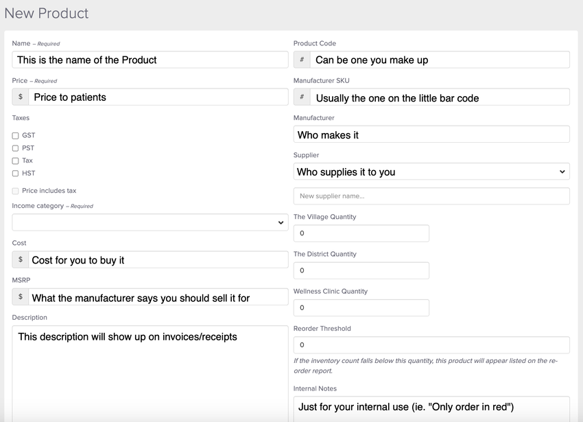 screenshot of Create Product screen
