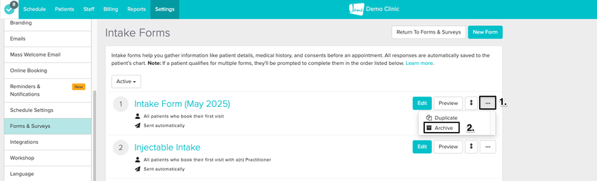 An image of the navigational steps and where to view and click on the the three dots to view the option to archive the form