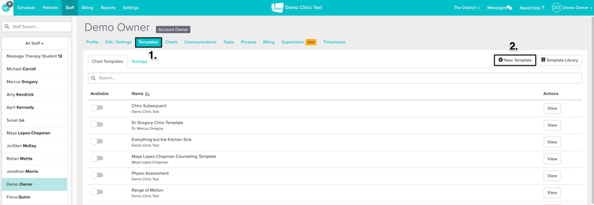 An image of where to view and click on the templates to within the staff profile