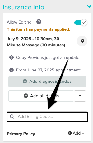 An image of where to add a billing code once allow editing is toggled on within the appointment panel