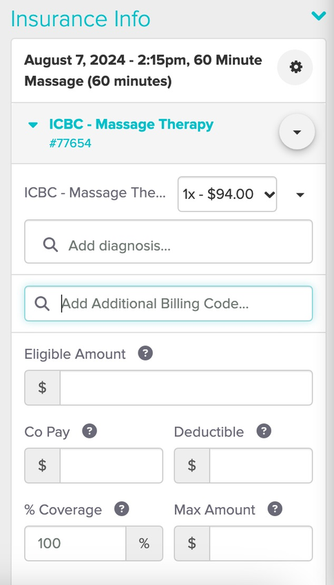 screenshot of where to find the insurance info section within the appointment panel