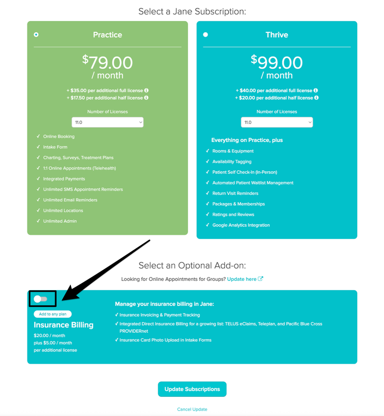 an image of where you'll see the plan you're subscribed to in addition to the toggle for the insurance add-on
