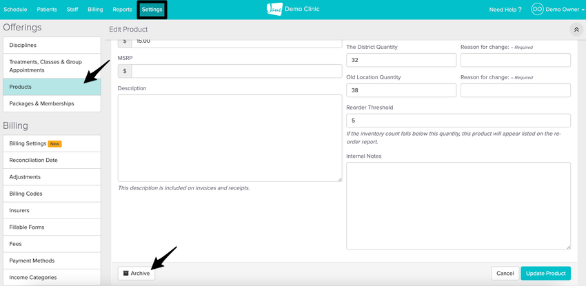 Product page with Archive button