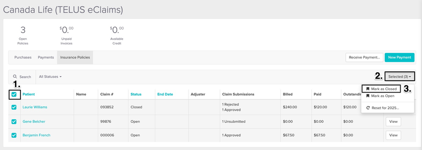 An image of where to batch mark policies as closed