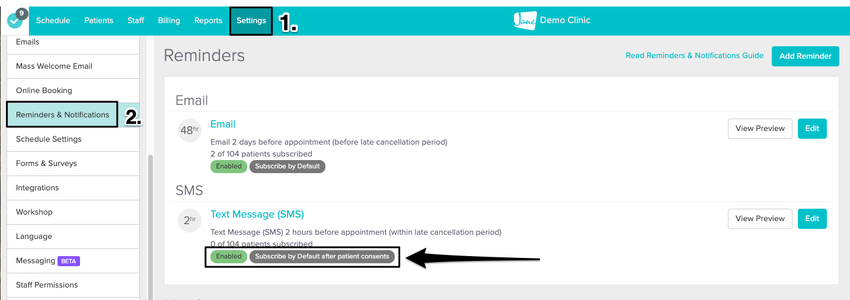 An image of the navigational steps to view and update the sms notification settings