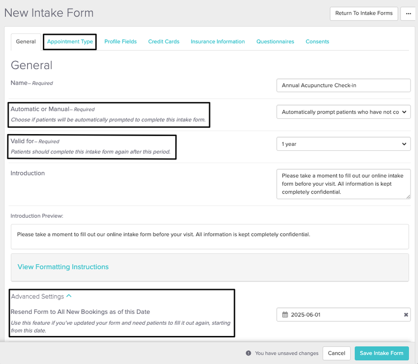 automatically send intake form