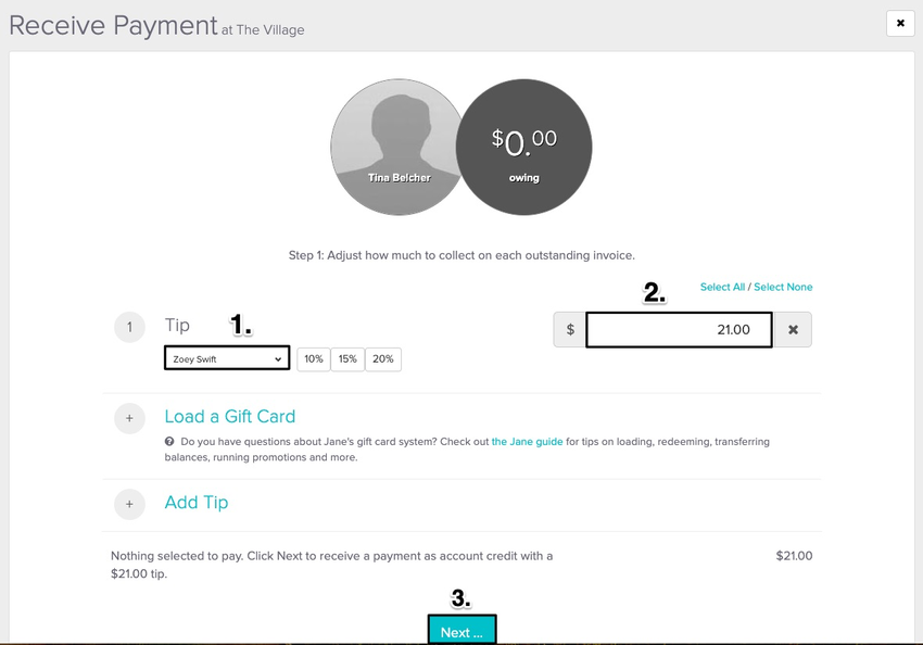 An image of where to switch the staff member the tip is for and where to enter the tip amount