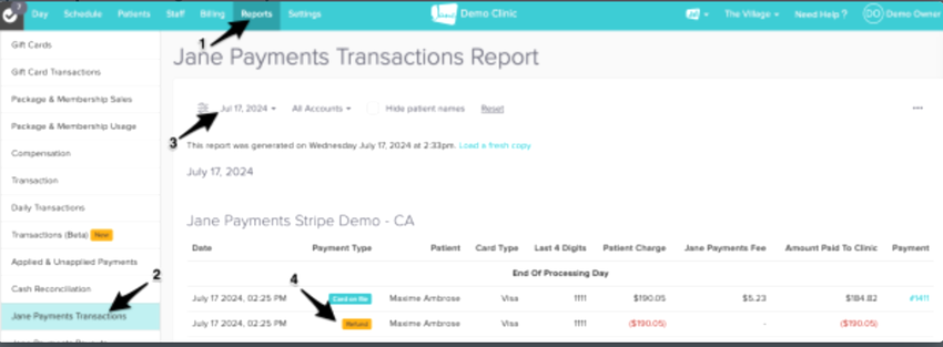 Screenshot of the Jane Payments Transactions Report