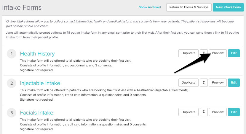 Intake form preview