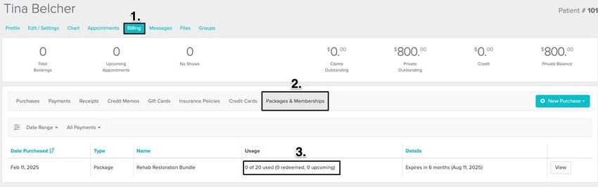 An image of where to go to view the usage of a specific patient's package within their profile