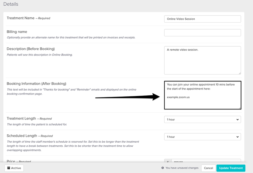 An image of where to add the zoom link in the Booking information After Booking section