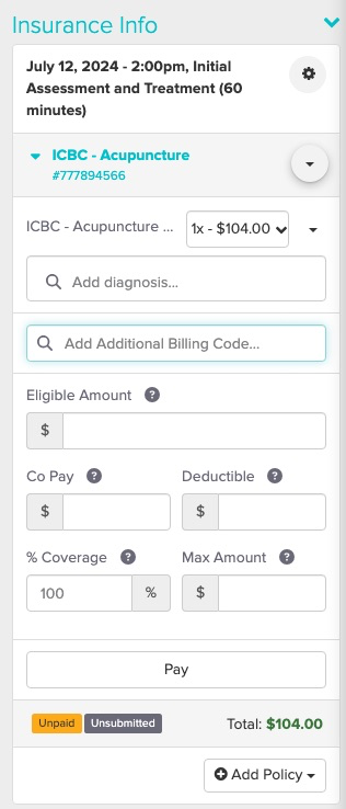 screenshot of navigational steps and where the insurance info section is within the appointment panel