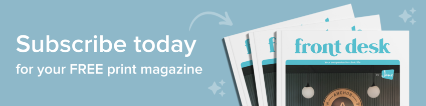 The cover of Front Desk magazine against a blue background with the text: "Subscribe today for your FREE magazine"