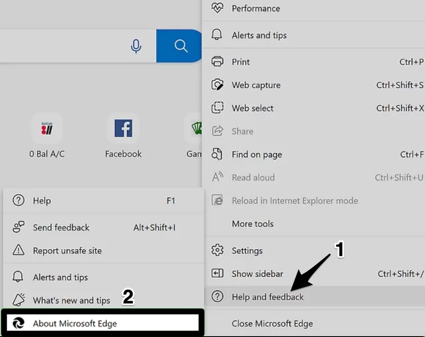 Screenshot on selecting "Help and Feedback" and then "About Microsoft Edge