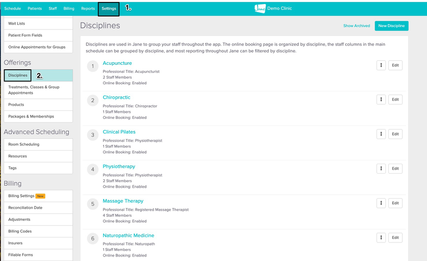 screenshot of the navigation to the settings tab and then disciplines