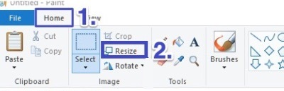 An image of the navigational steps and how to access the resize option within paint