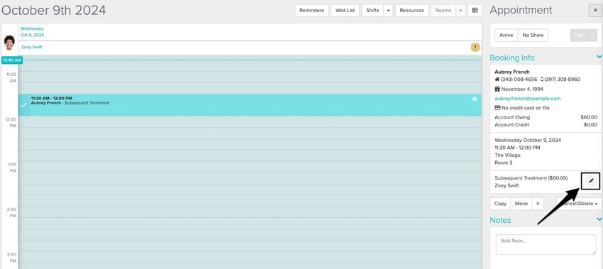 An image of where to view the black pencil icon after selecting the appointment and opening up the appointment panel