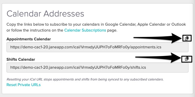 An image of where Jane will display the URLs and where to copy the link