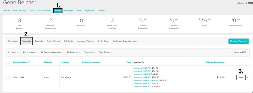 An image of the payment and where to click on View to initiate the refund