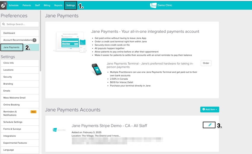 An image of the navigational steps to access the Jane Payments area and the Stipe portal
