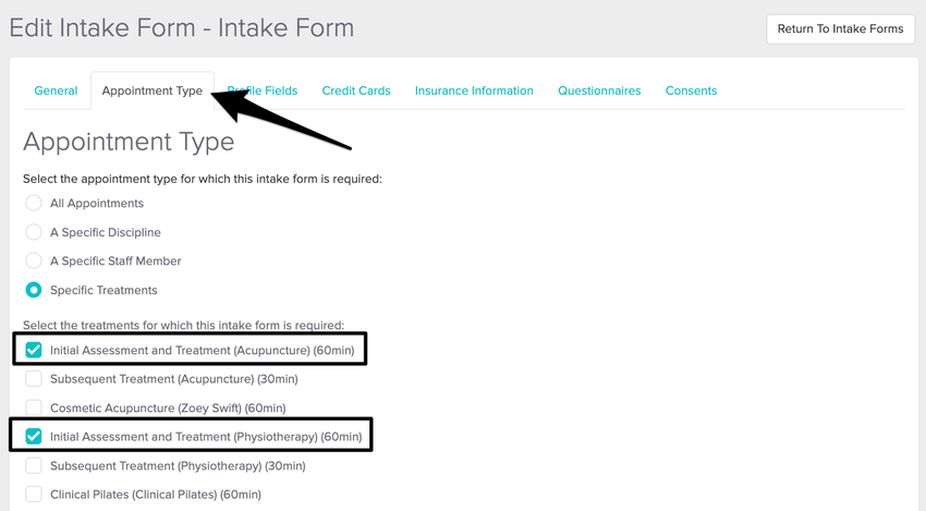screenshot of intake form settings