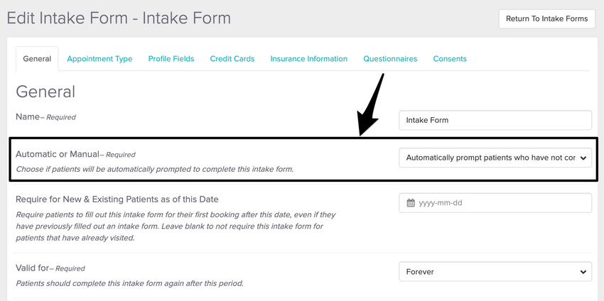 screenshot of intake form settings