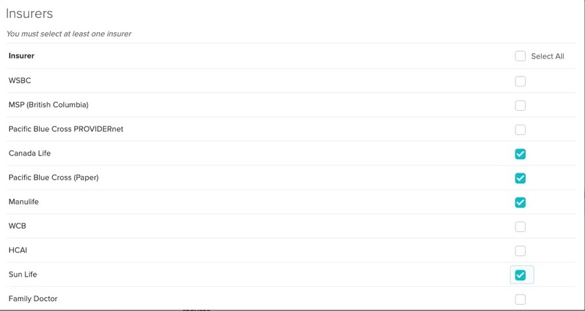 screenshot of where to toggle on insurers available on the intake form