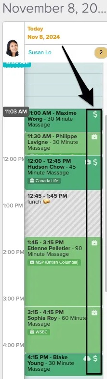 An image of where the suitcase icon is displayed within the day tab
