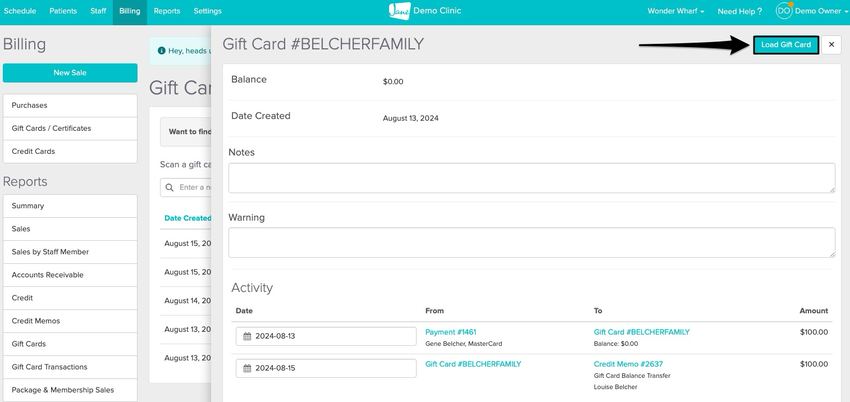 screenshot of where to find the load gift card button