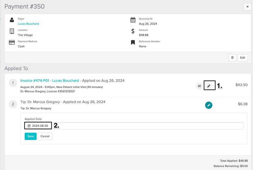 screenshot of where to find the black pencil icon and where the field to edit the applied at date appears