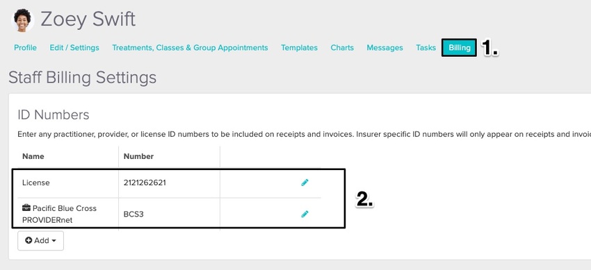 An image of where to add registration numbers to a staff member's profile