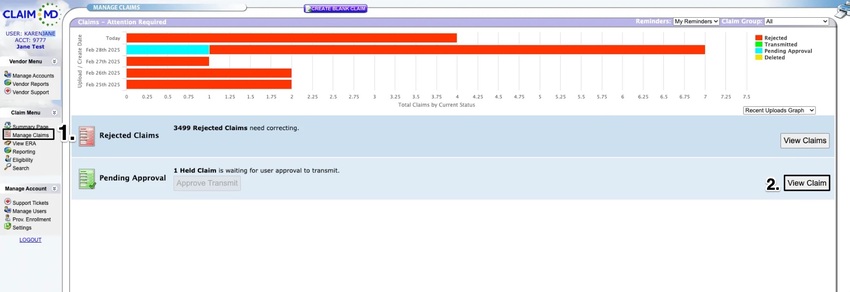 a screenshot of the navigational steps within Claim.MD