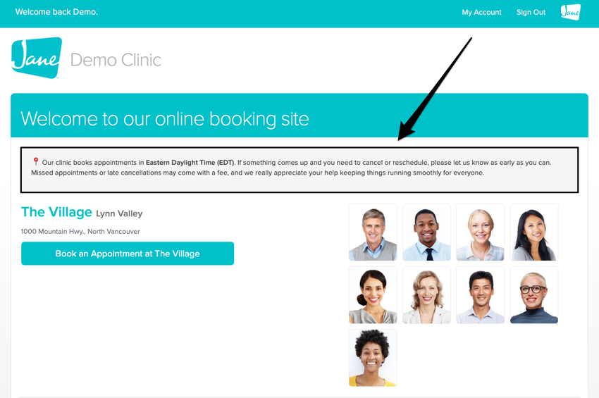 An image of where the online booking banner appears
