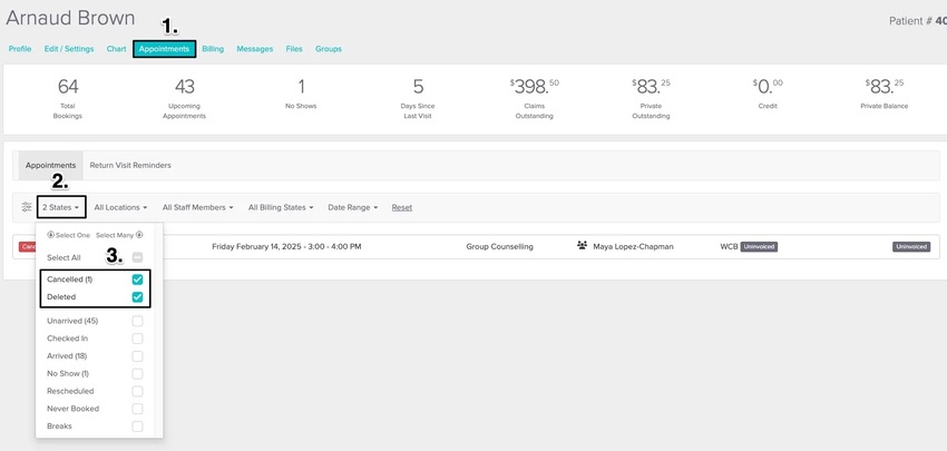 An image of the appointments tab within the patient's profile and how to filter the appointment state