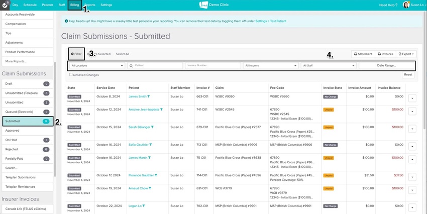An image of the billing tab, where to find the different submission tabs