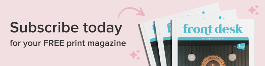 The cover of Front Desk magazine against a pink background with the text: "Subscribe today for your FREE magazine"