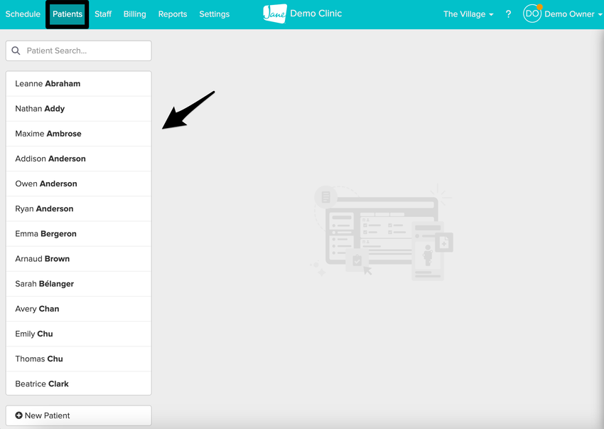 screenshot of the Patients page that shows the Patient Search Bar, Patient List, and the Add a New Patient button