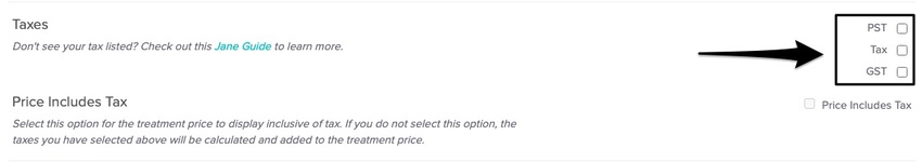 screenshot of checkboxes under the tax section of the edit treatment screen