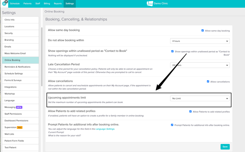 An image of the navigational steps and where to view and update the upcoming appointments limit within the Online Booking area