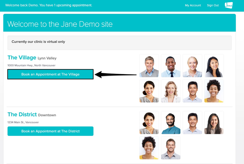 screenshot of where to select the location the appointment is at